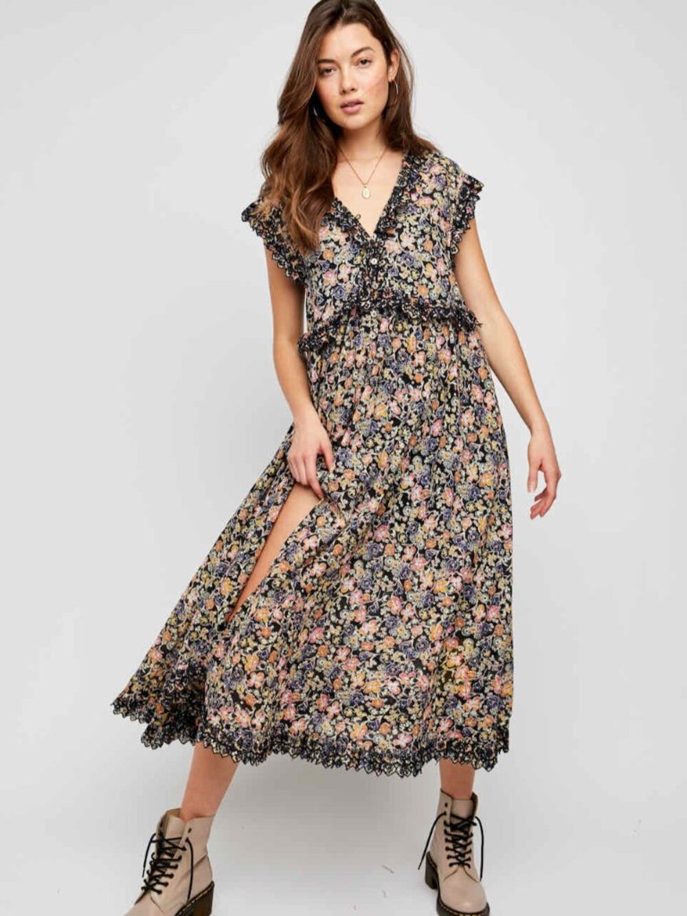 Free People Milania Cotton Boho Ruffle floral Embroidered V-neck Midi Dress, M